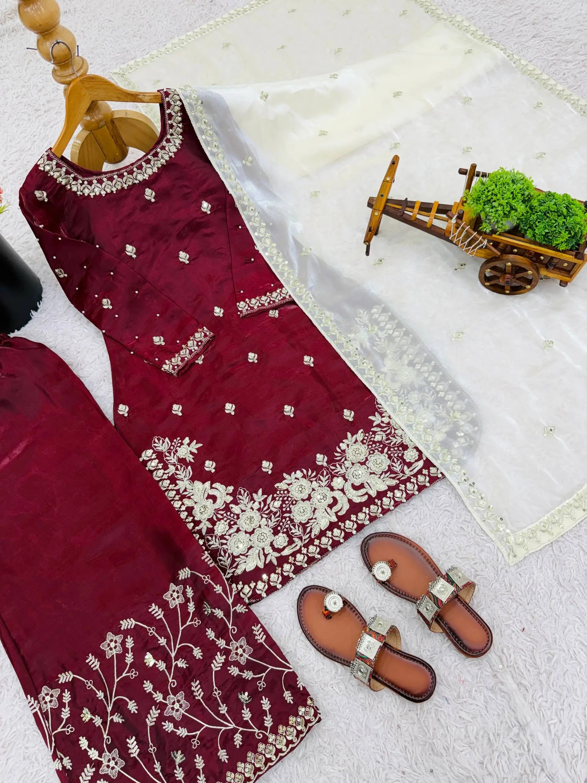 Embroidered Silk Kurta Palazzo Set with Organza Dupatta