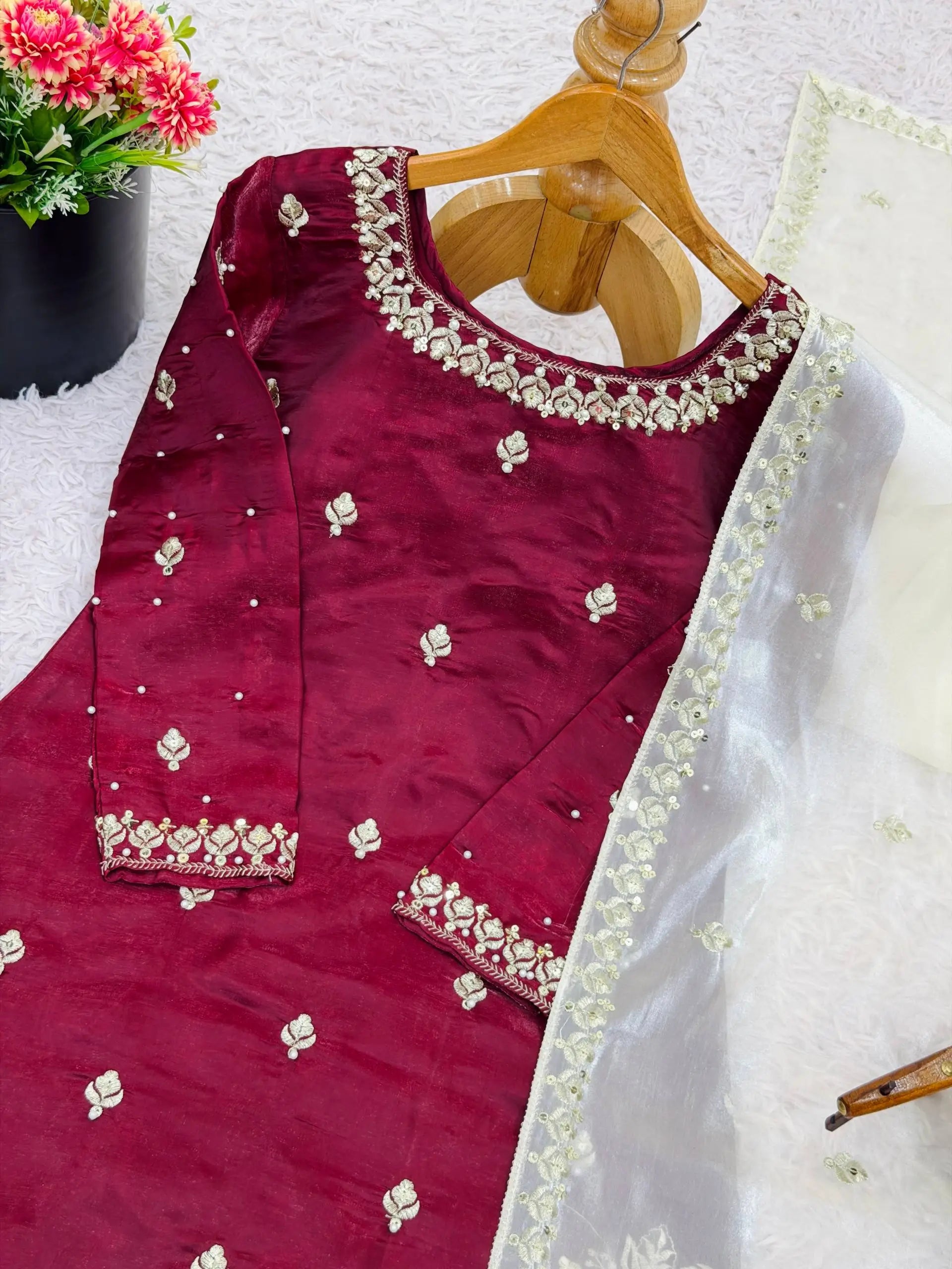 Embroidered Silk Kurta Palazzo Set with Organza Dupatta