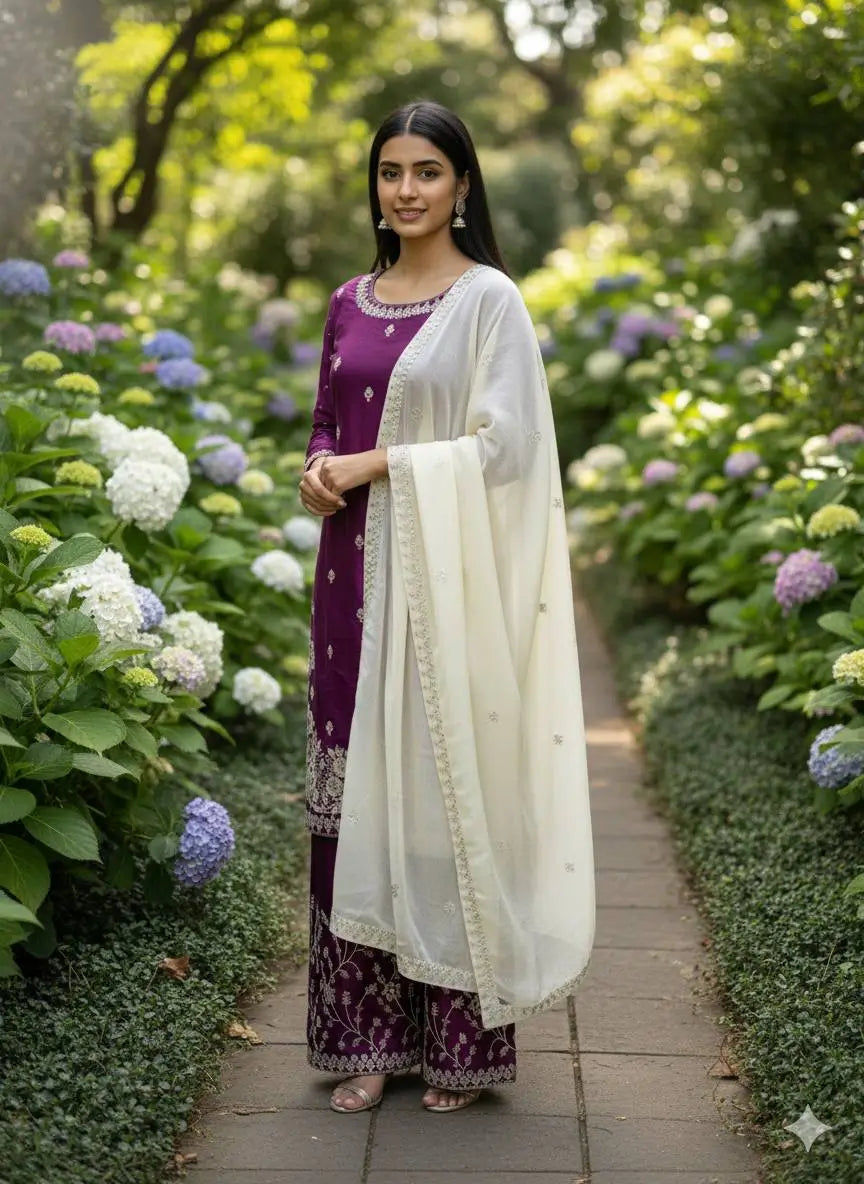 Embroidered Silk Kurta Palazzo Set with Organza Dupatta