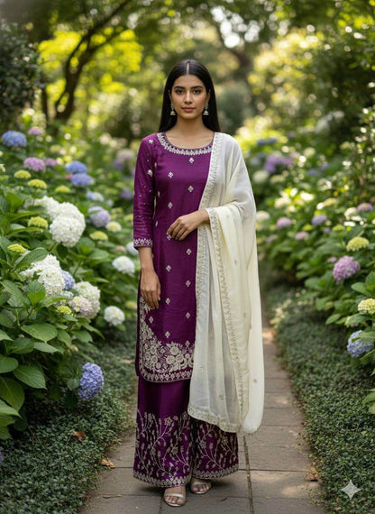 Embroidered Silk Kurta Palazzo Set with Organza Dupatta