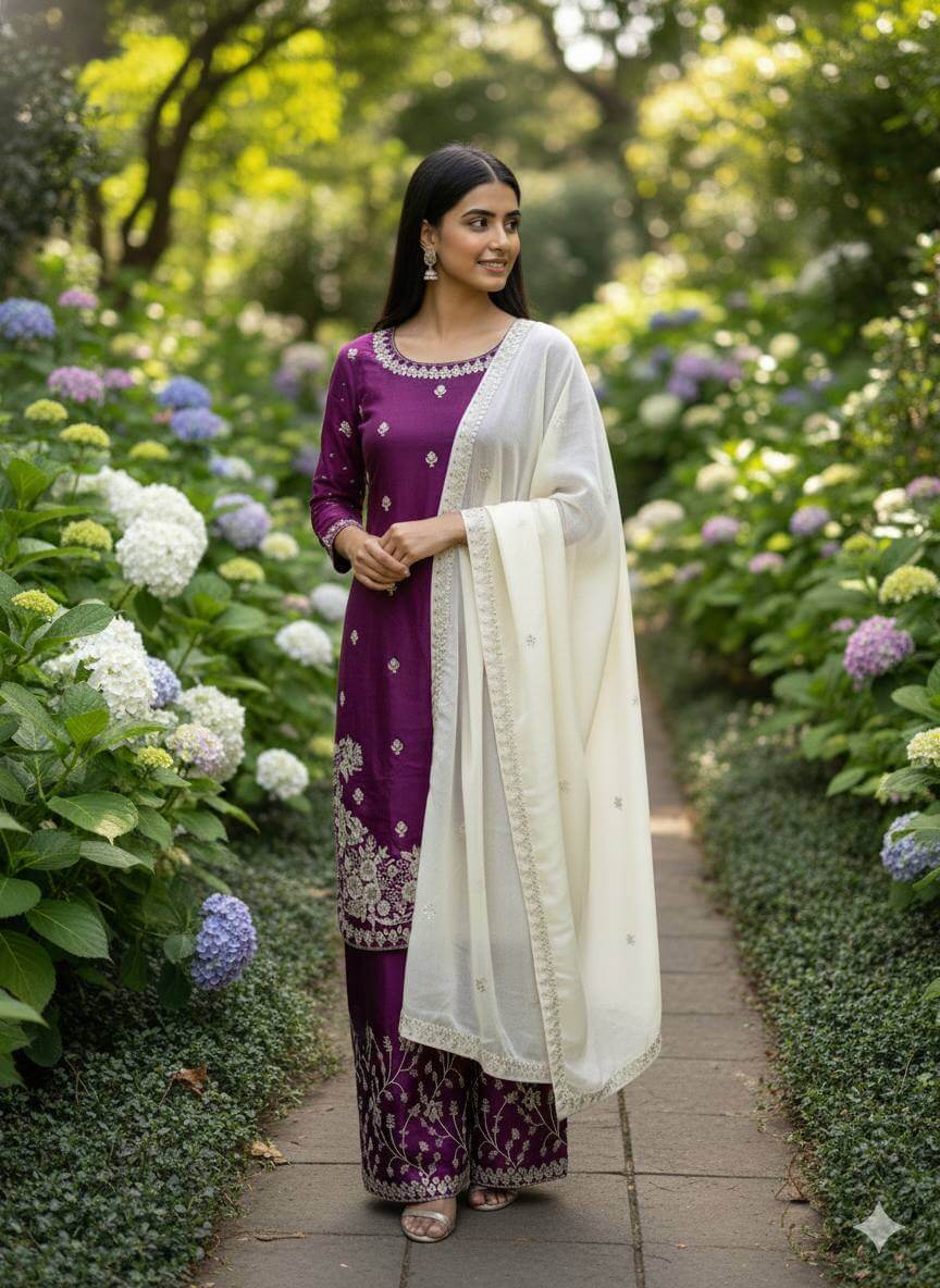 Embroidered Silk Kurta Palazzo Set with Organza Dupatta