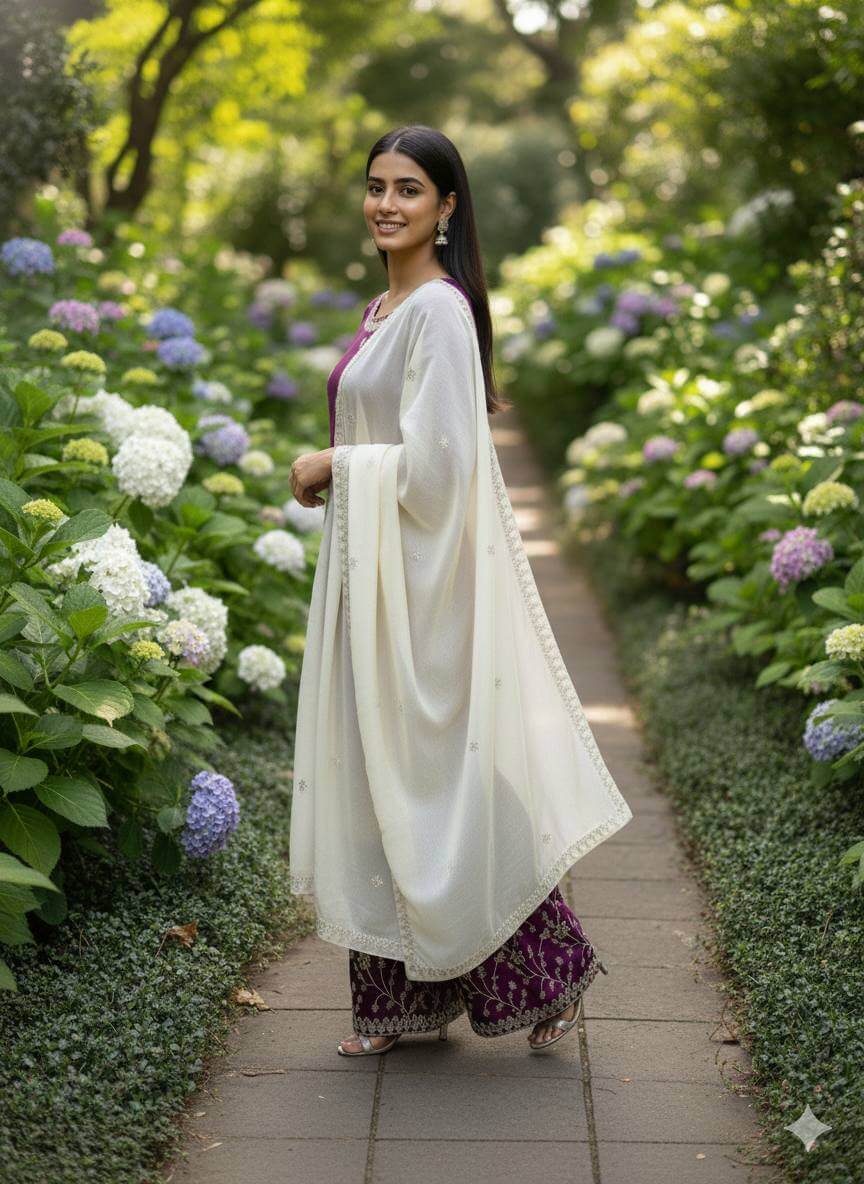 Embroidered Silk Kurta Palazzo Set with Organza Dupatta