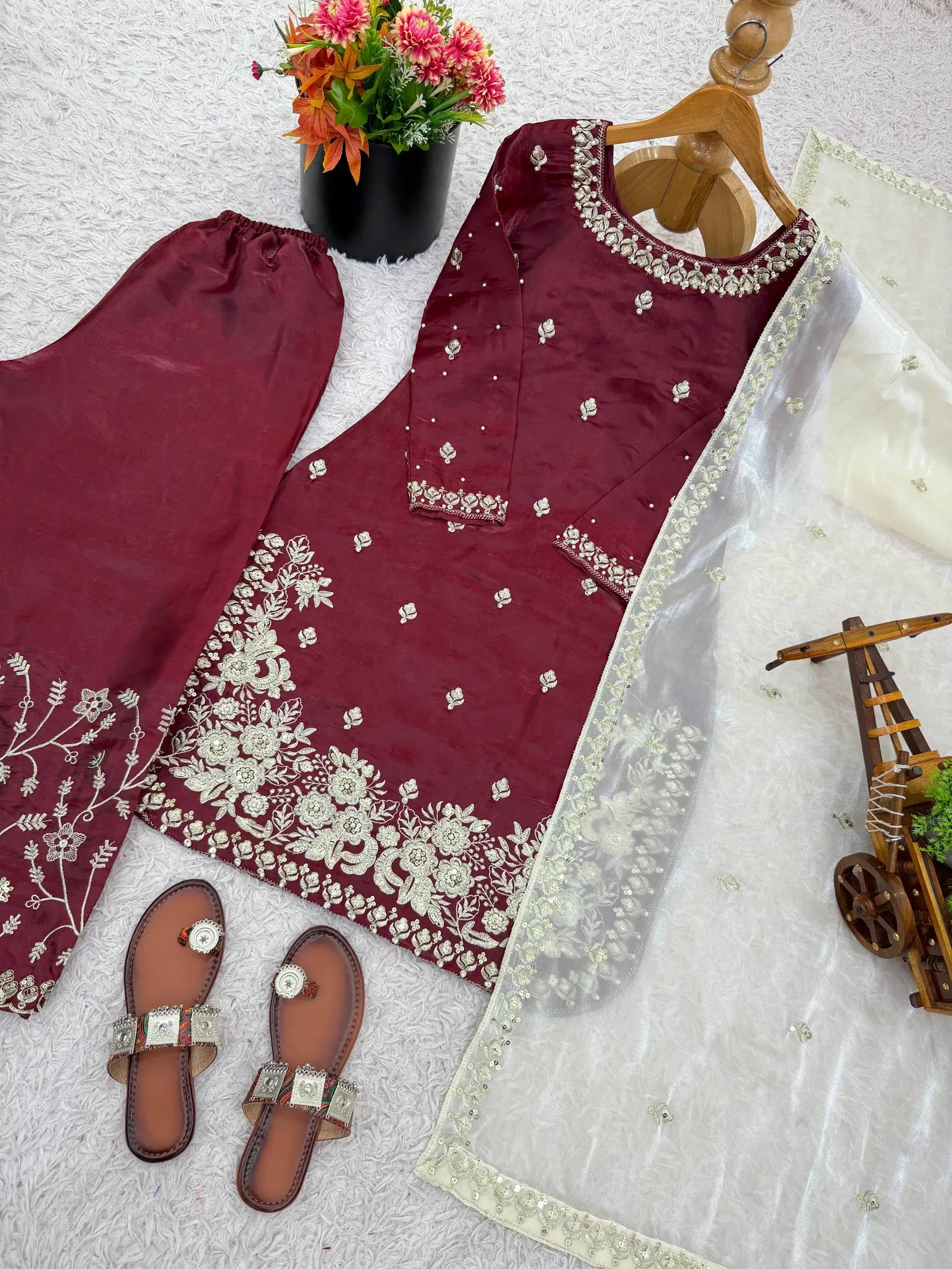 Embroidered Silk Kurta Palazzo Set with Organza Dupatta