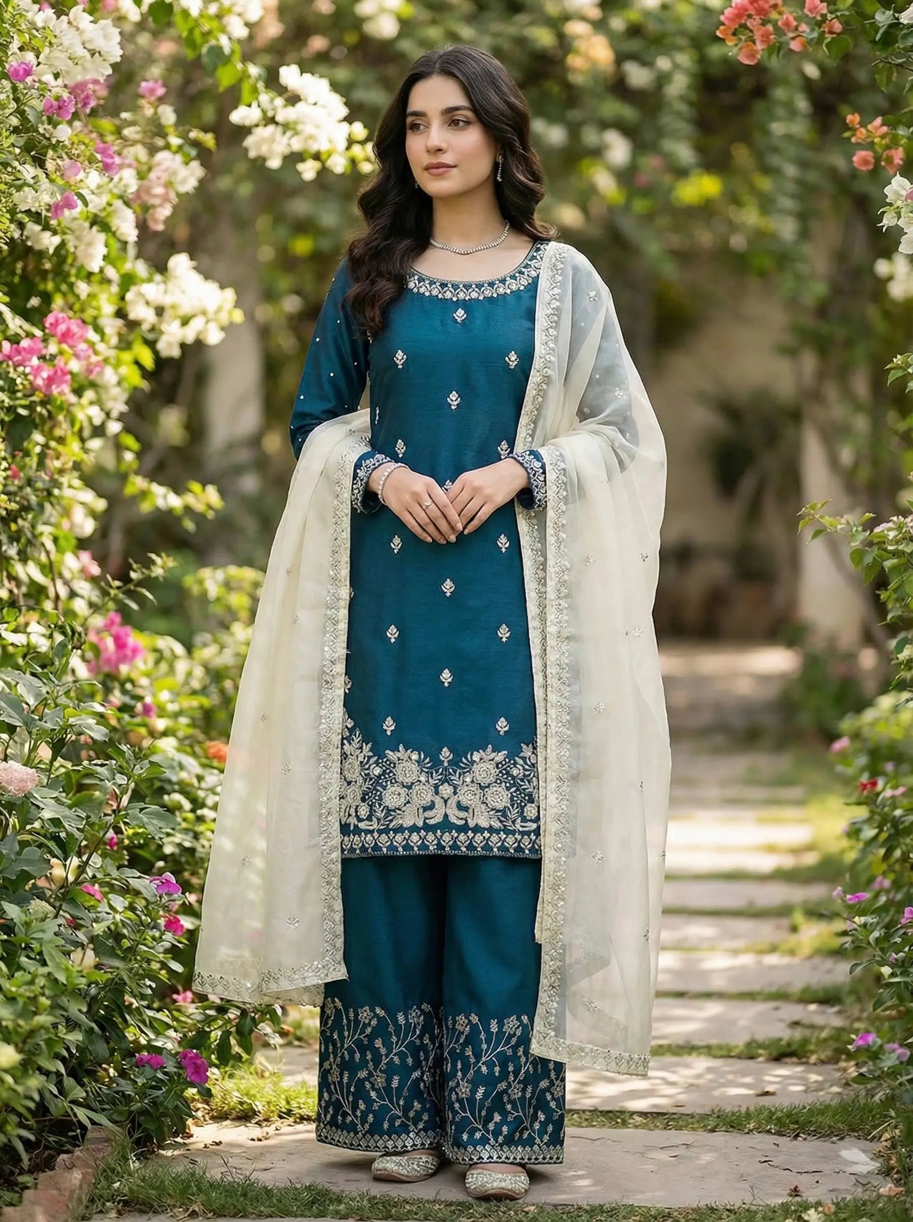 Embroidered Silk Kurta Palazzo Set with Organza Dupatta