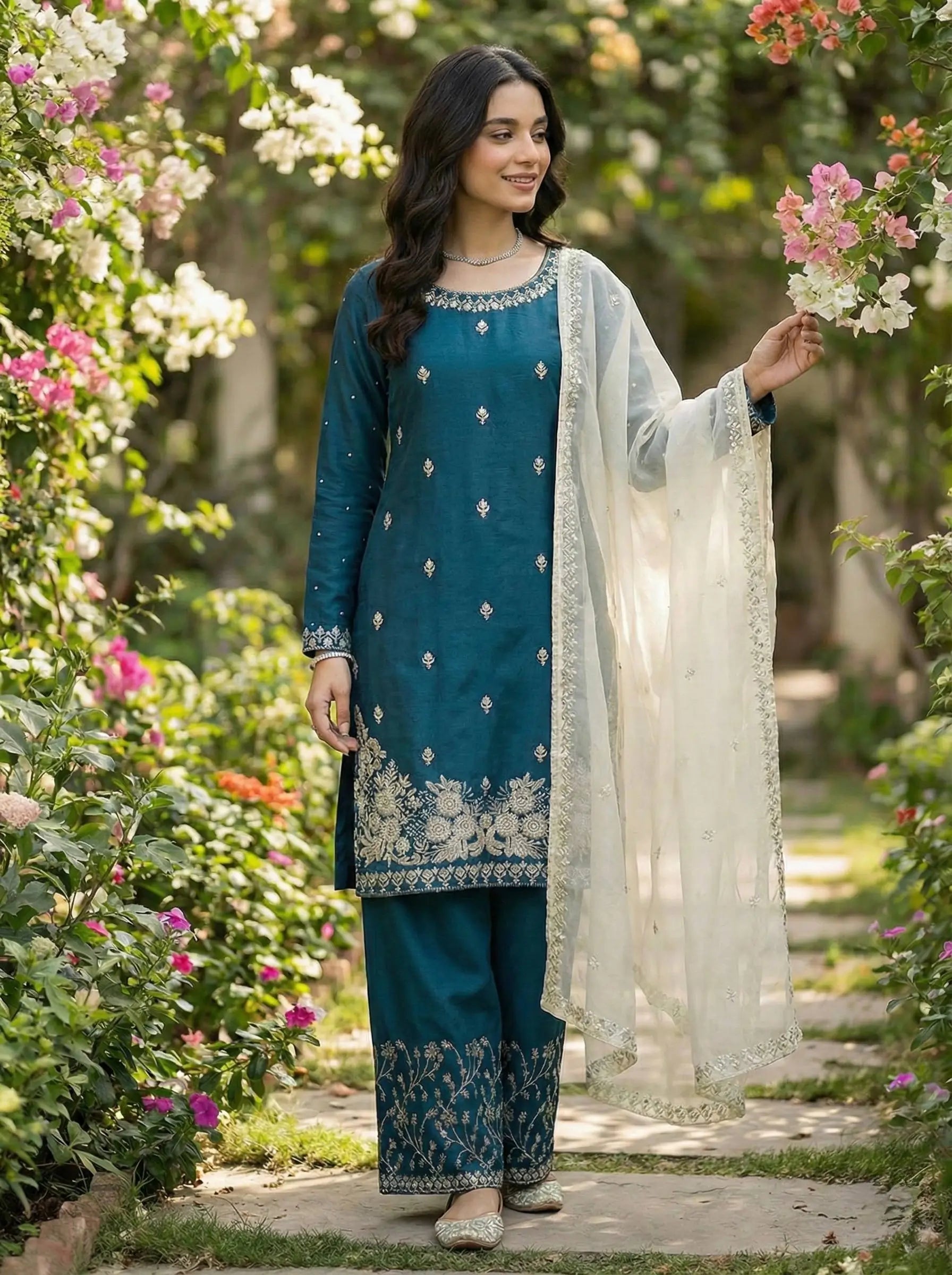 Embroidered Silk Kurta Palazzo Set with Organza Dupatta