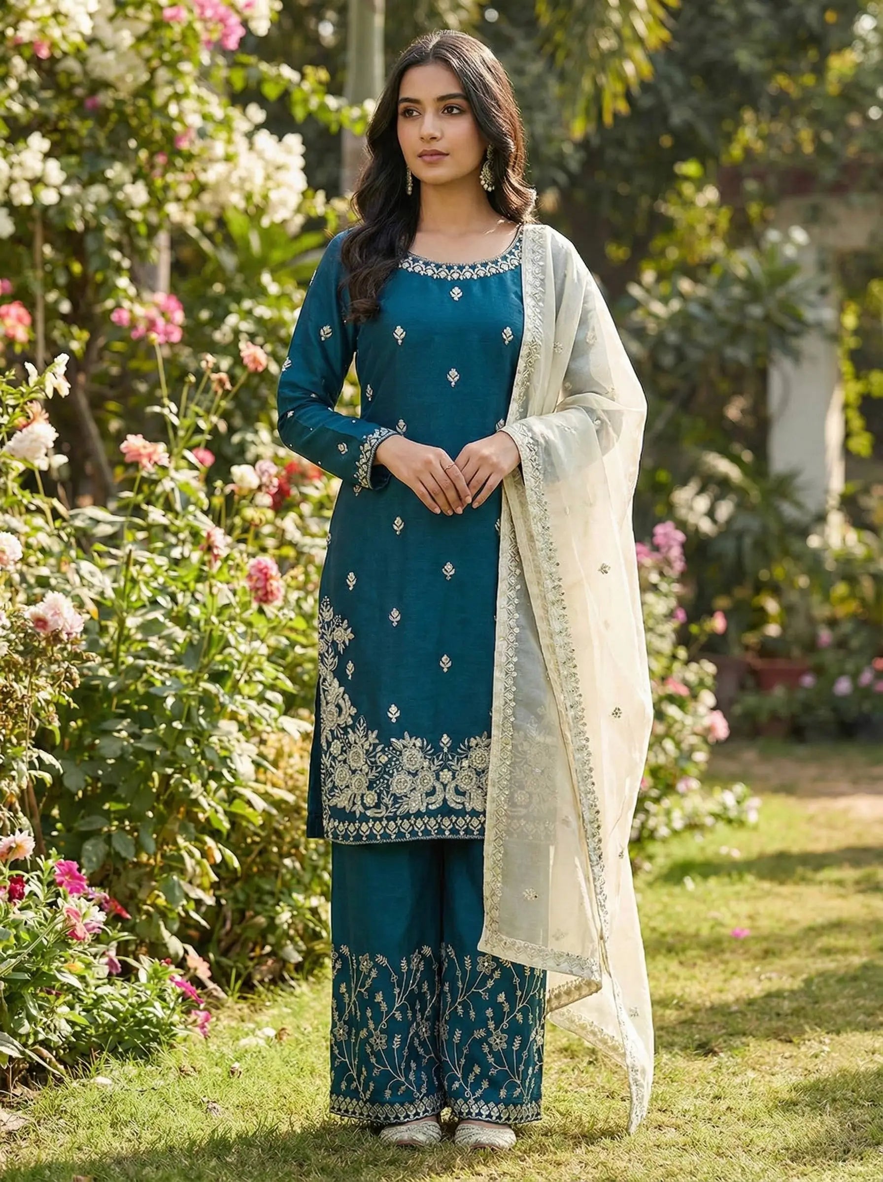 Embroidered Silk Kurta Palazzo Set with Organza Dupatta