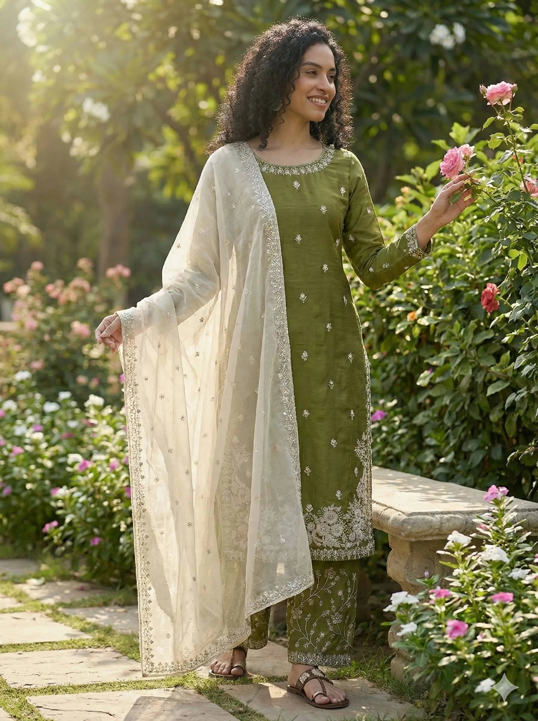 Embroidered Silk Kurta Palazzo Set with Organza Dupatta