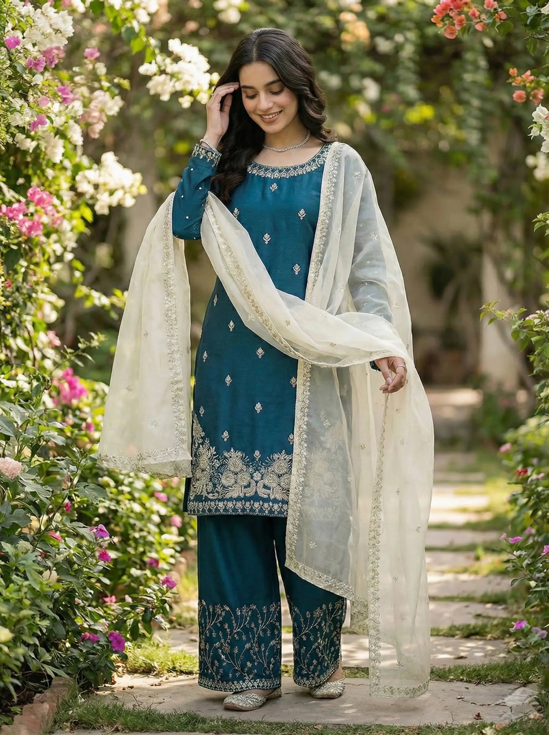 Embroidered Silk Kurta Palazzo Set with Organza Dupatta