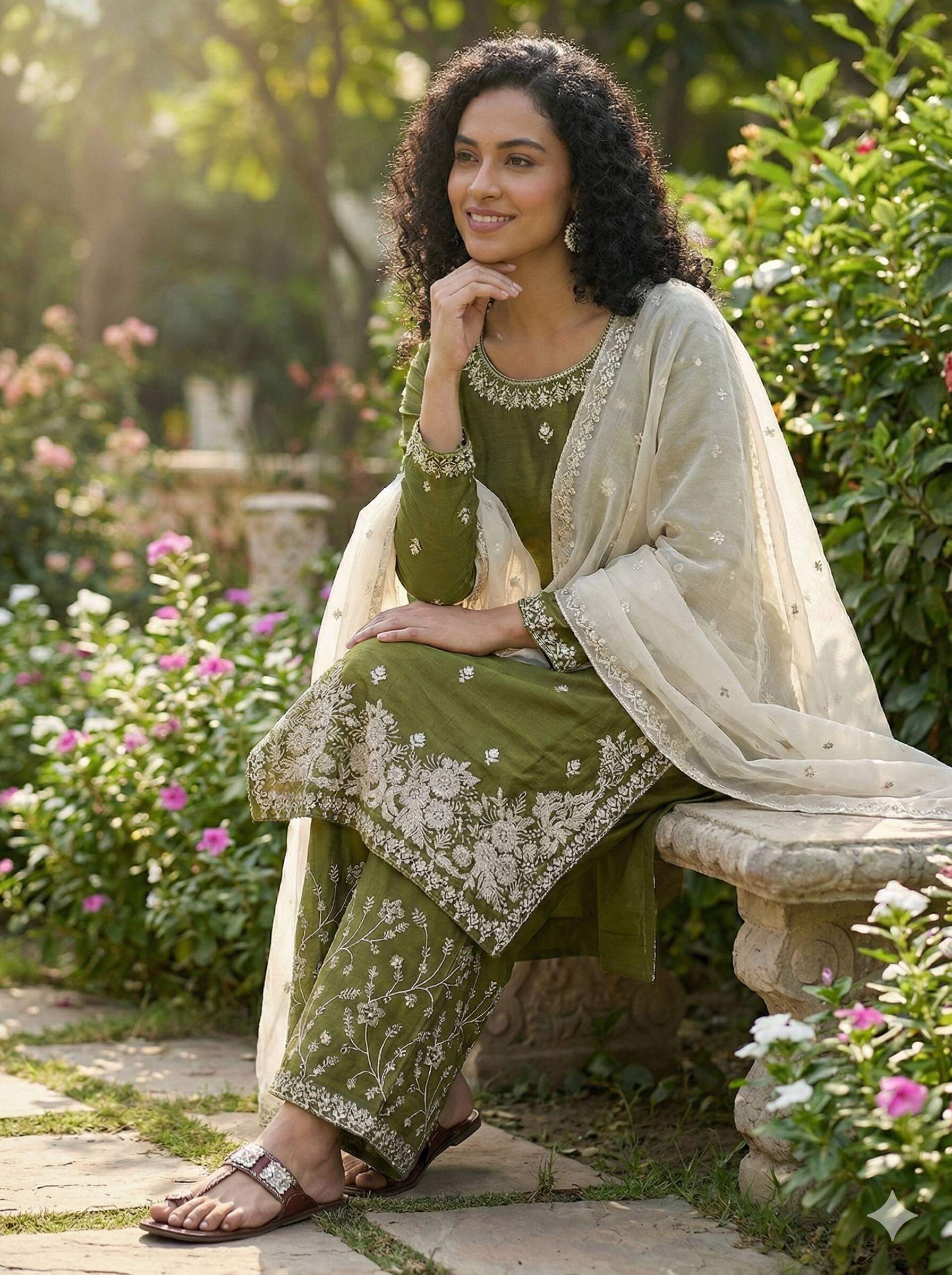 Embroidered Silk Kurta Palazzo Set with Organza Dupatta