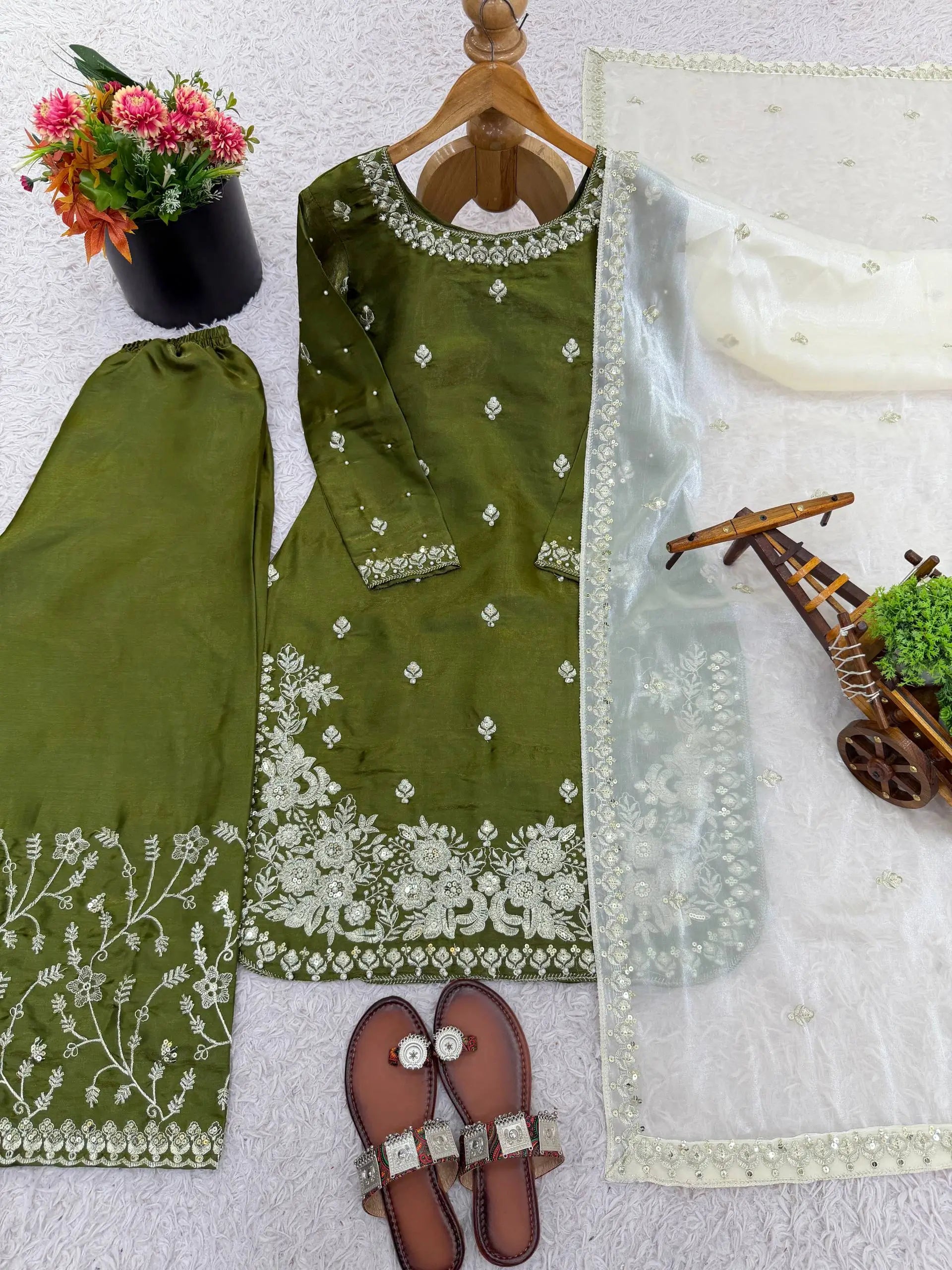 Embroidered Silk Kurta Palazzo Set with Organza Dupatta