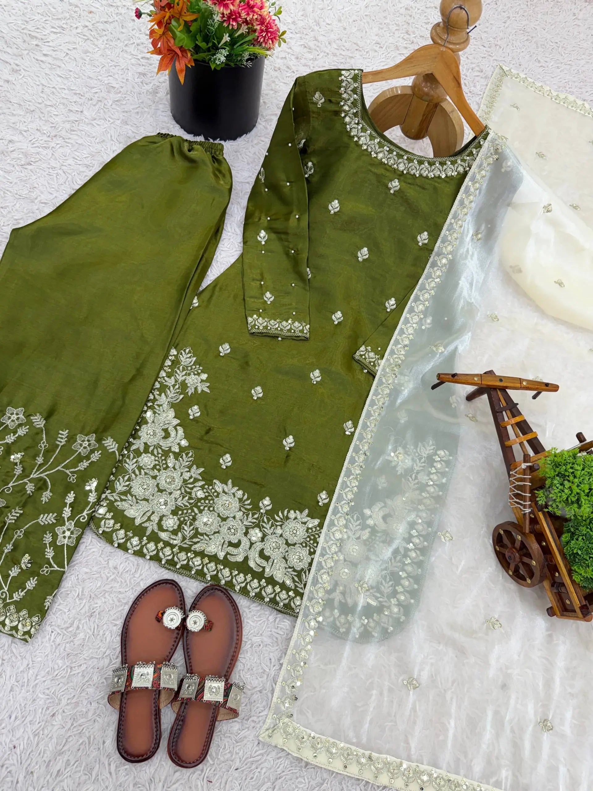 Embroidered Silk Kurta Palazzo Set with Organza Dupatta