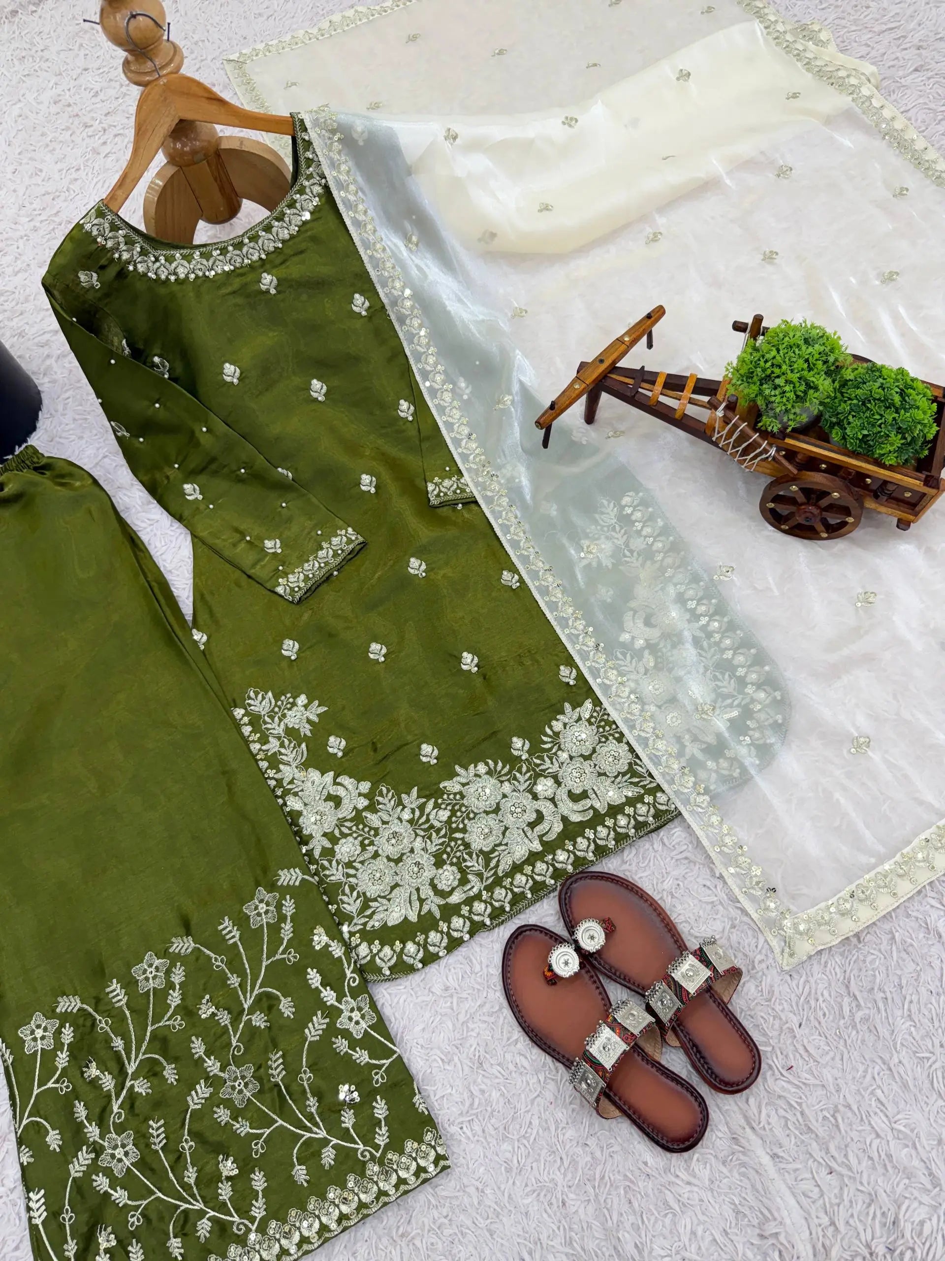 Embroidered Silk Kurta Palazzo Set with Organza Dupatta