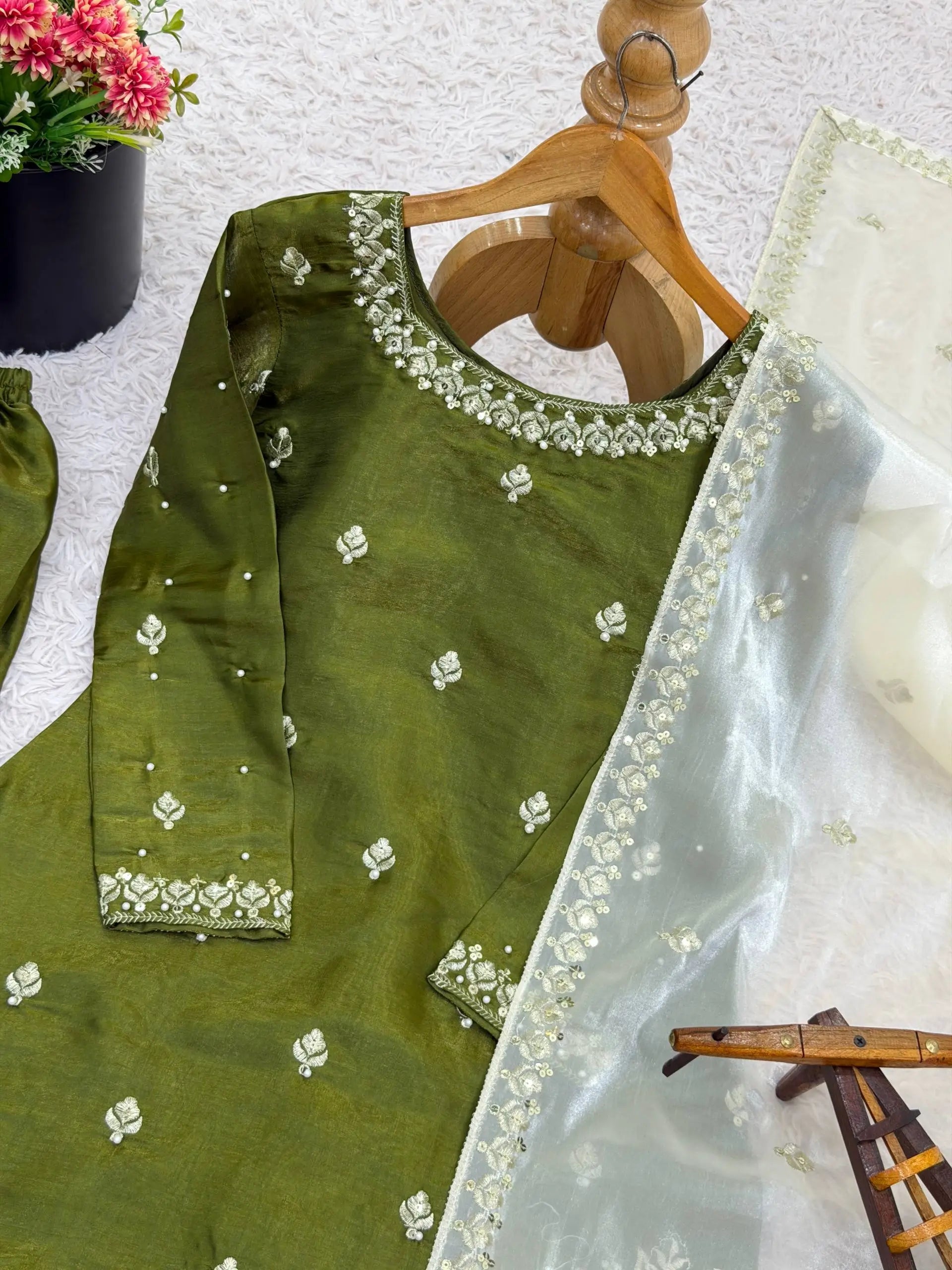 Embroidered Silk Kurta Palazzo Set with Organza Dupatta