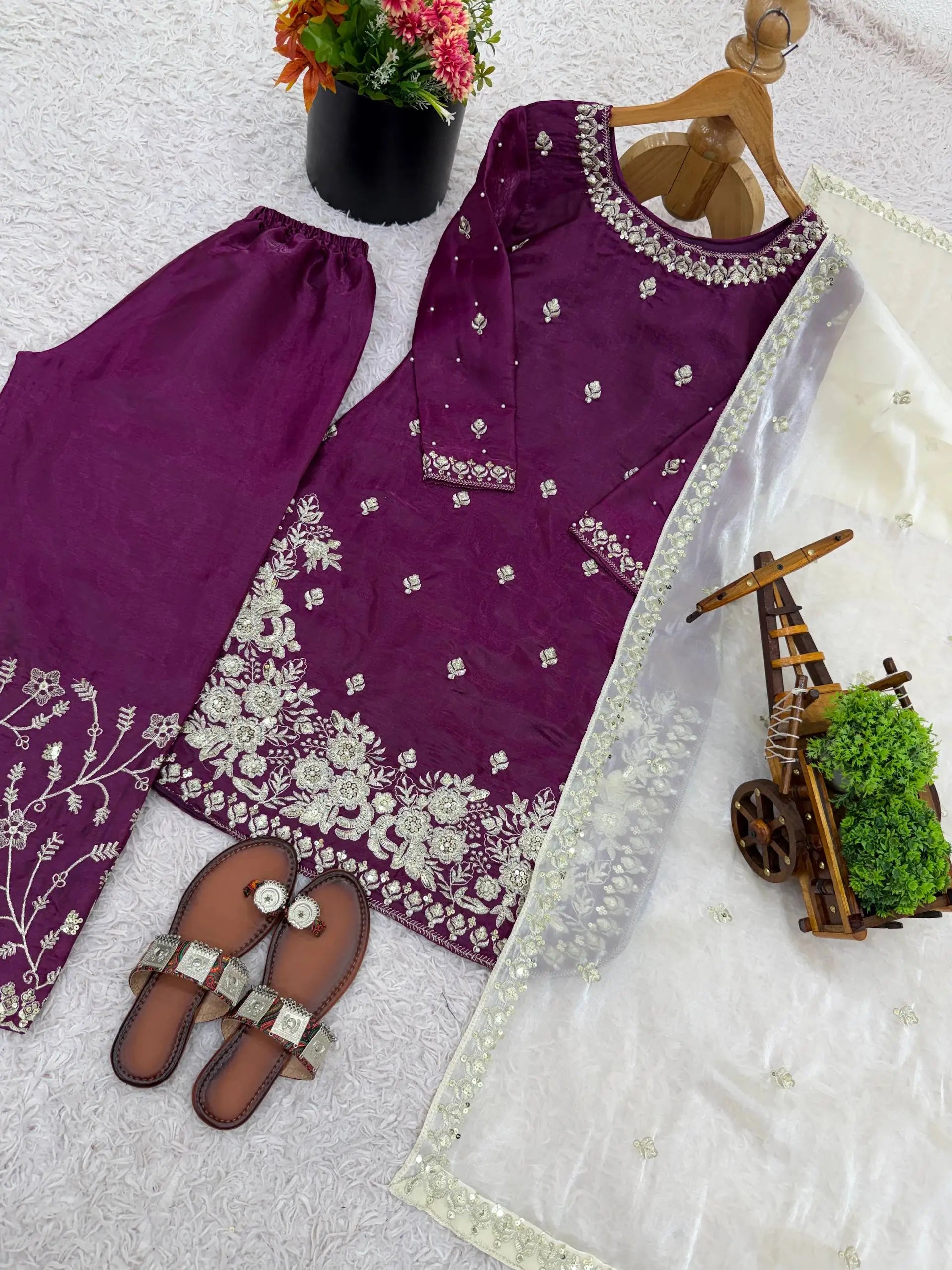 Embroidered Silk Kurta Palazzo Set with Organza Dupatta
