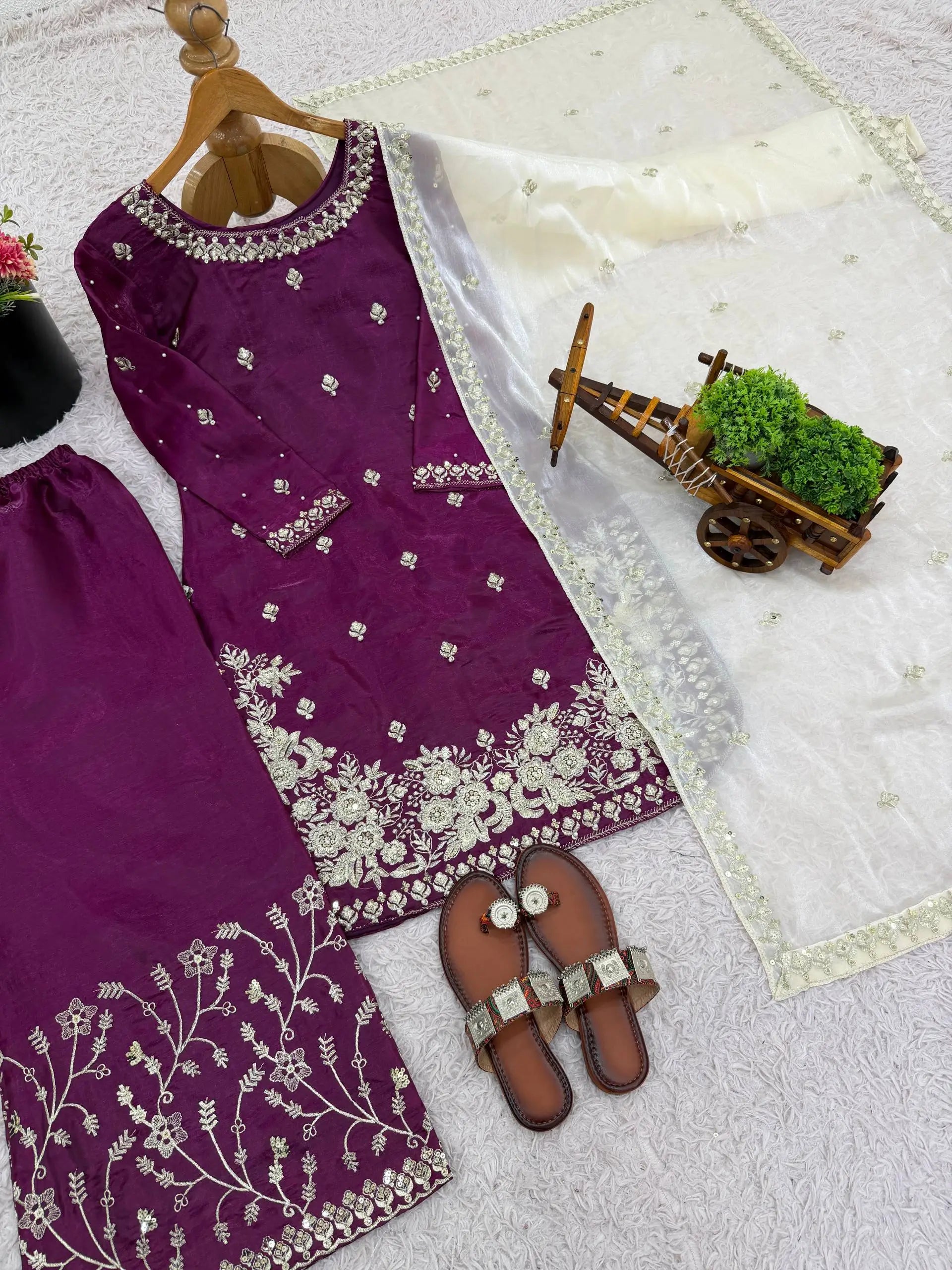 Embroidered Silk Kurta Palazzo Set with Organza Dupatta