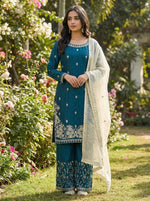 Embroidered Silk Kurta Palazzo Set with Organza Dupatta