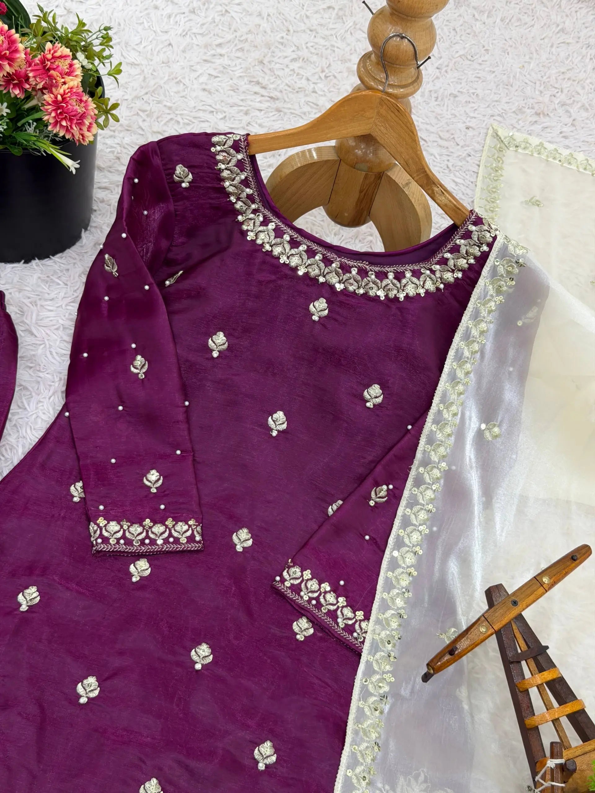 Embroidered Silk Kurta Palazzo Set with Organza Dupatta