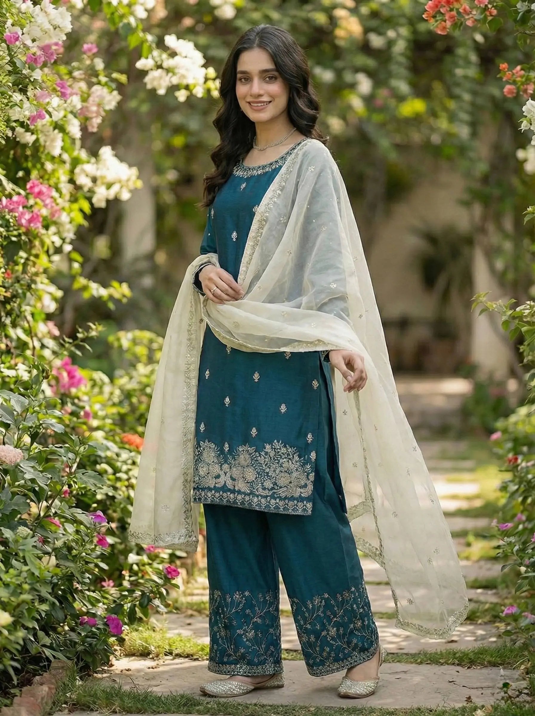Embroidered Silk Kurta Palazzo Set with Organza Dupatta