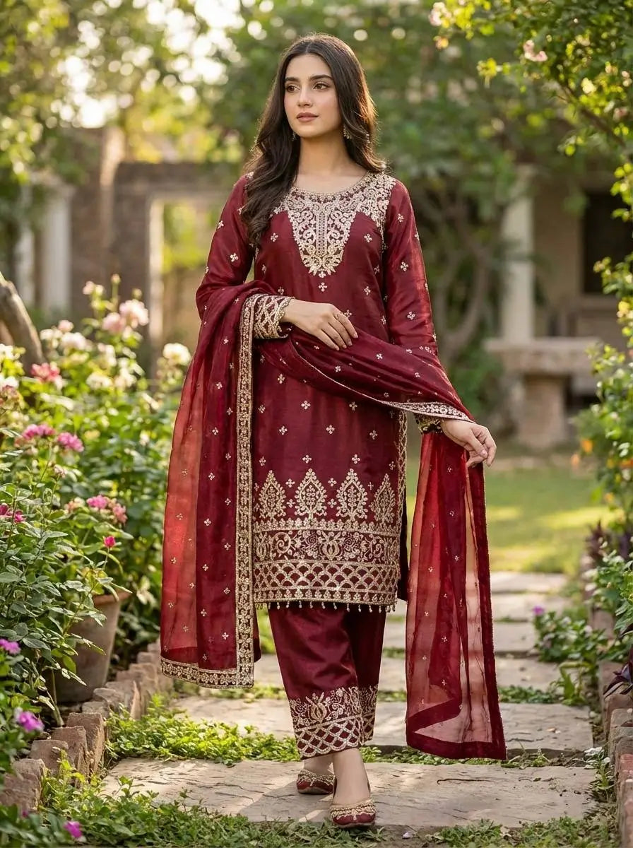 Embroidered Silk Kurta Sharara Set With Dupatta