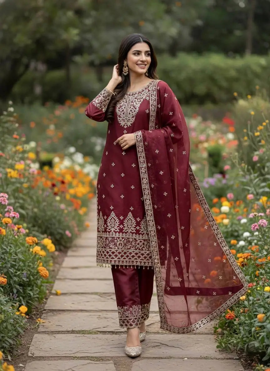 Embroidered Silk Kurta Sharara Set With Dupatta