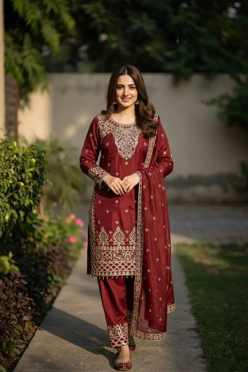 Embroidered Silk Kurta Sharara Set With Dupatta