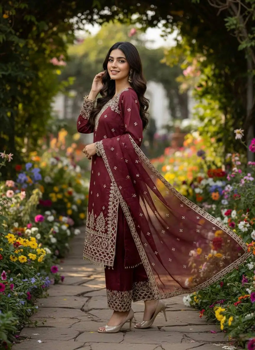 Embroidered Silk Kurta Sharara Set With Dupatta