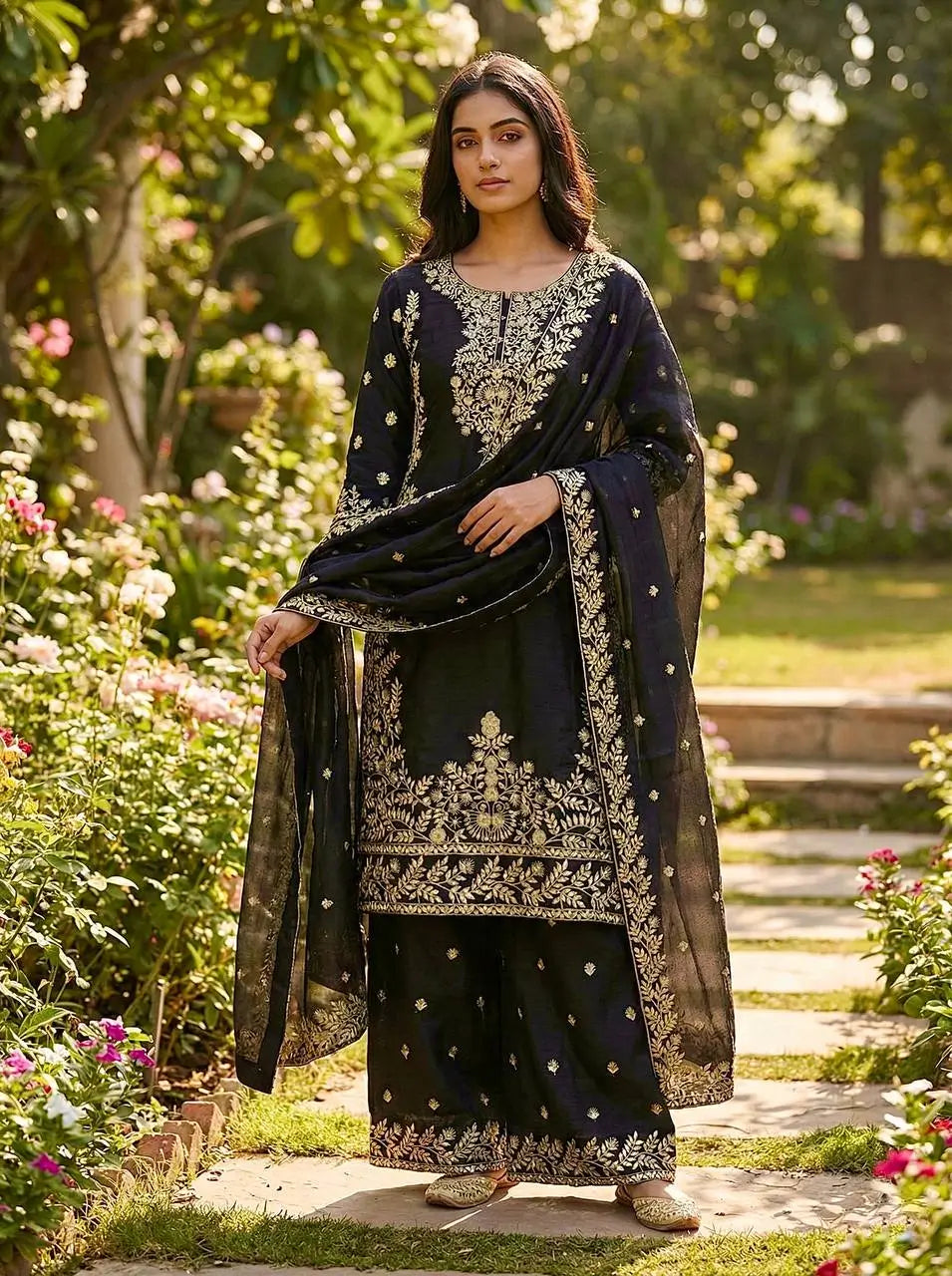 Embroidered Silk Kurta Sharara Set With Dupatta
