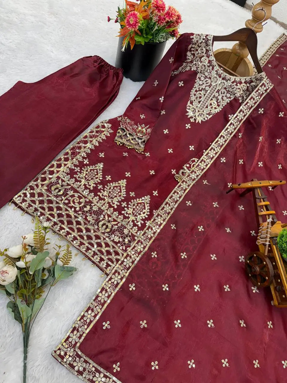 Embroidered Silk Kurta Sharara Set With Dupatta