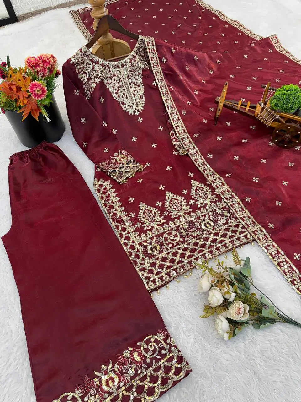 Embroidered Silk Kurta Sharara Set With Dupatta