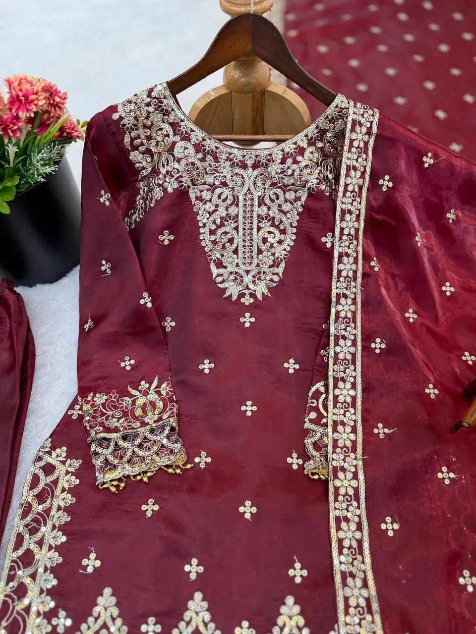 Embroidered Silk Kurta Sharara Set With Dupatta