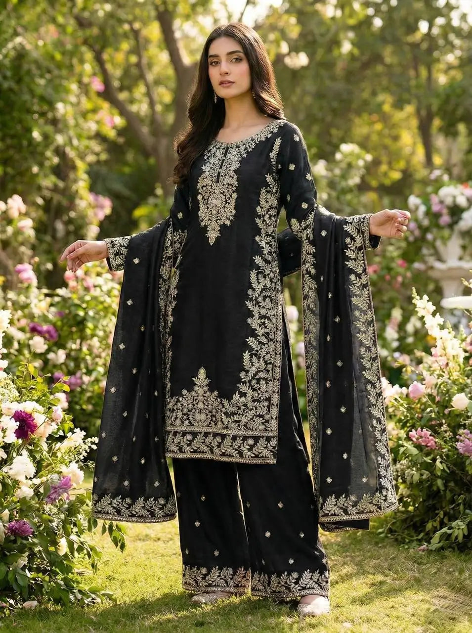 Embroidered Silk Kurta Sharara Set With Dupatta