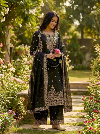 Embroidered Silk Kurta Sharara Set With Dupatta