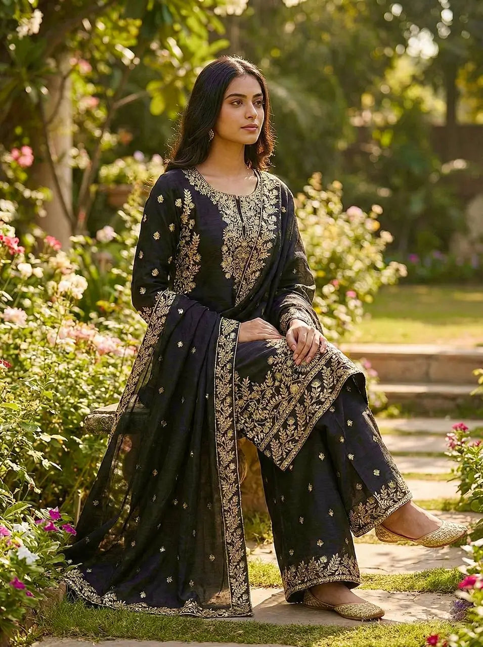 Embroidered Silk Kurta Sharara Set With Dupatta