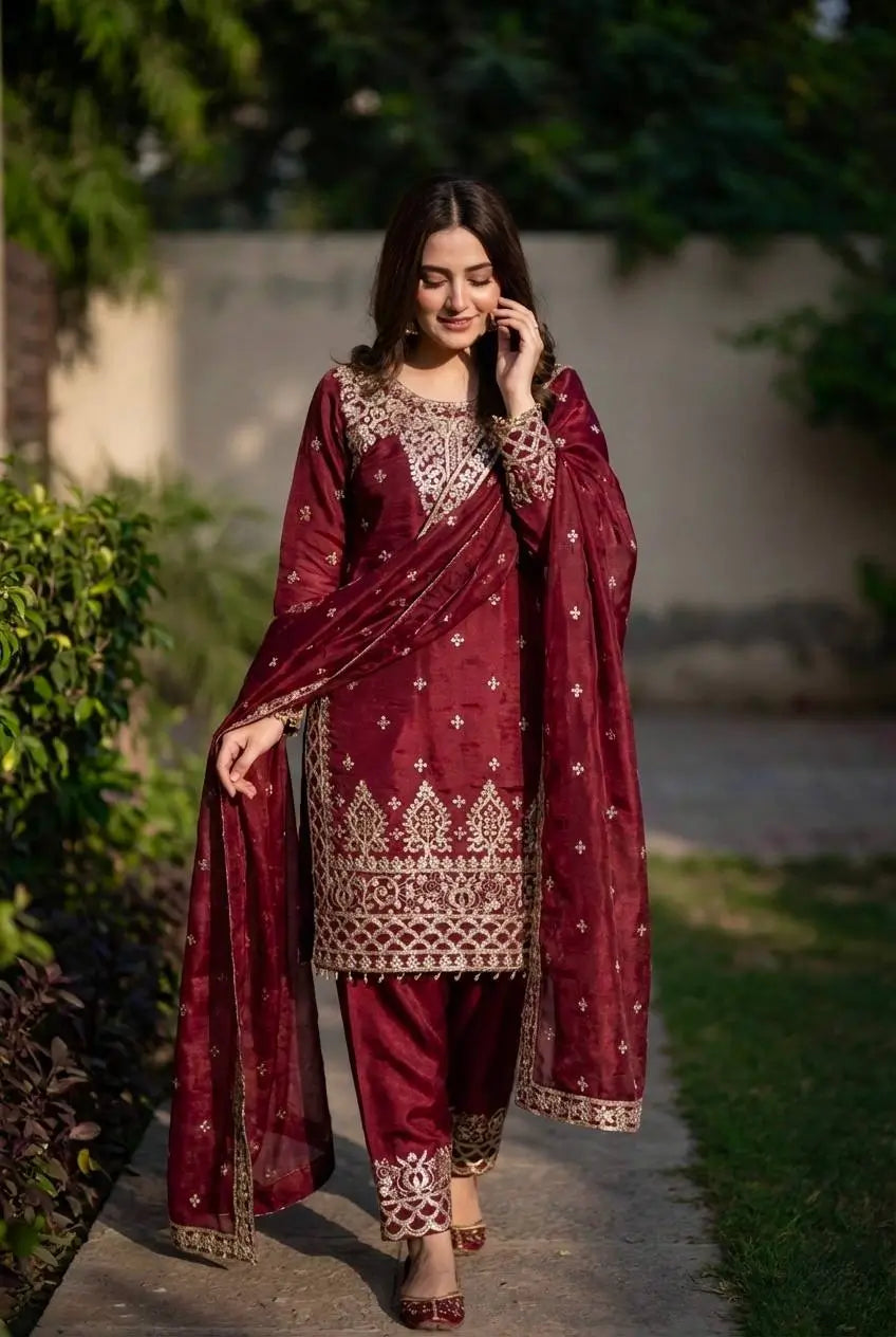 Embroidered Silk Kurta Sharara Set With Dupatta