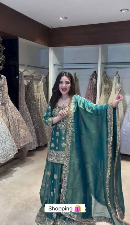Embroidered Silk Kurta Sharara Set With Dupatta