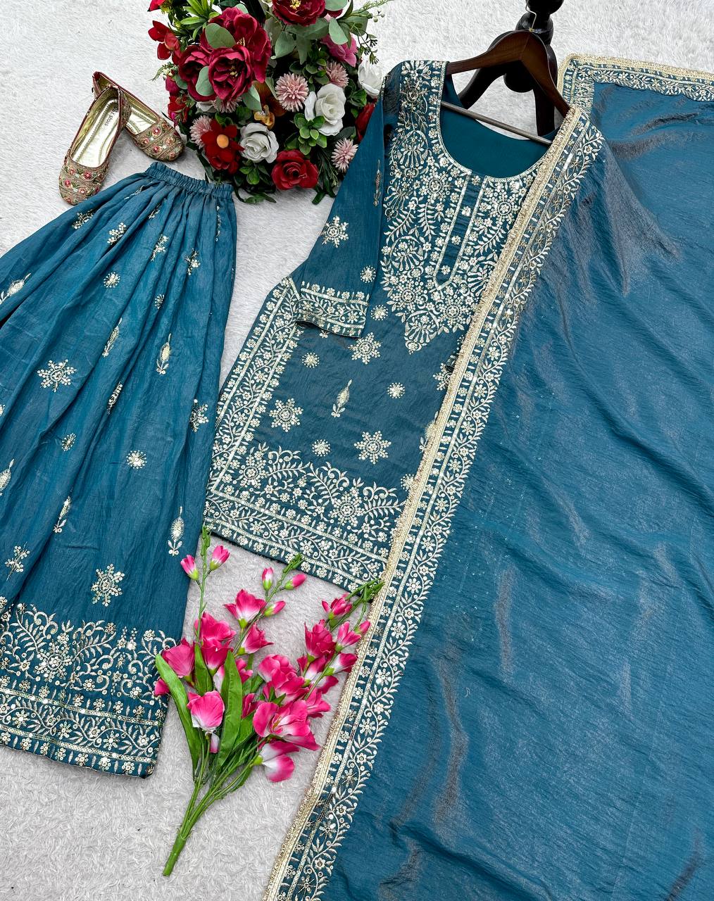 Embroidered Silk Kurta Sharara Set With Dupatta