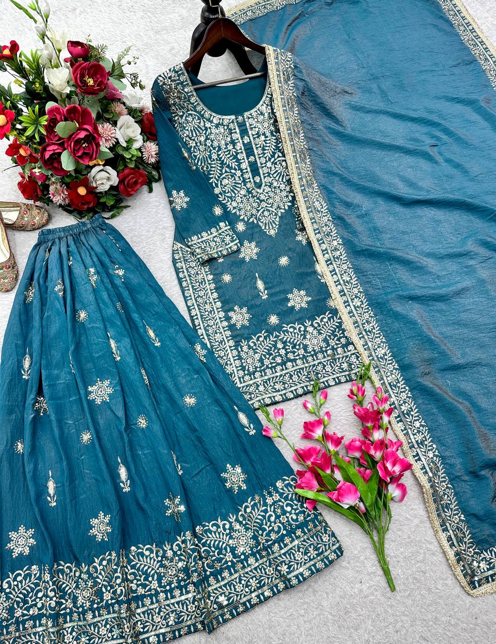 Embroidered Silk Kurta Sharara Set With Dupatta