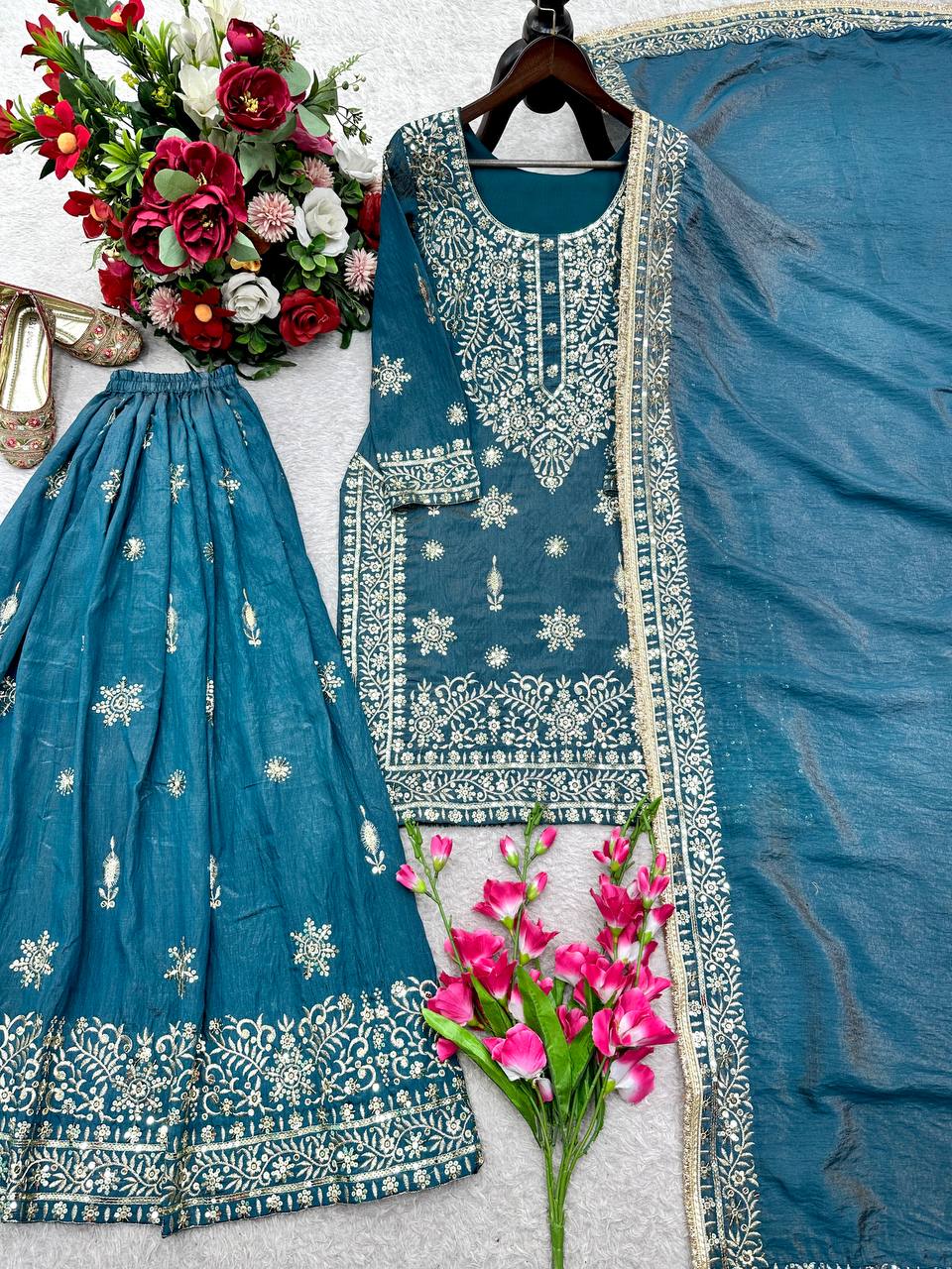 Embroidered Silk Kurta Sharara Set With Dupatta