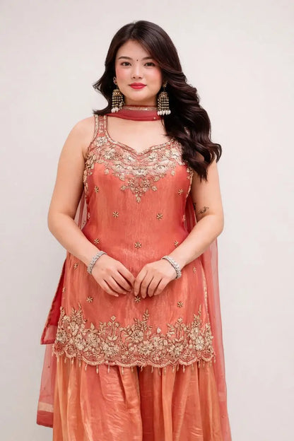 Embroidered Silk Kurti Palazzo Set with Lace Dupatta