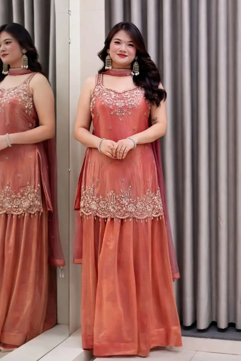 Embroidered Silk Kurti Palazzo Set with Lace Dupatta