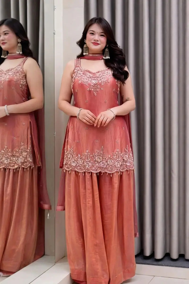 Embroidered Silk Kurti Palazzo Set with Lace Dupatta