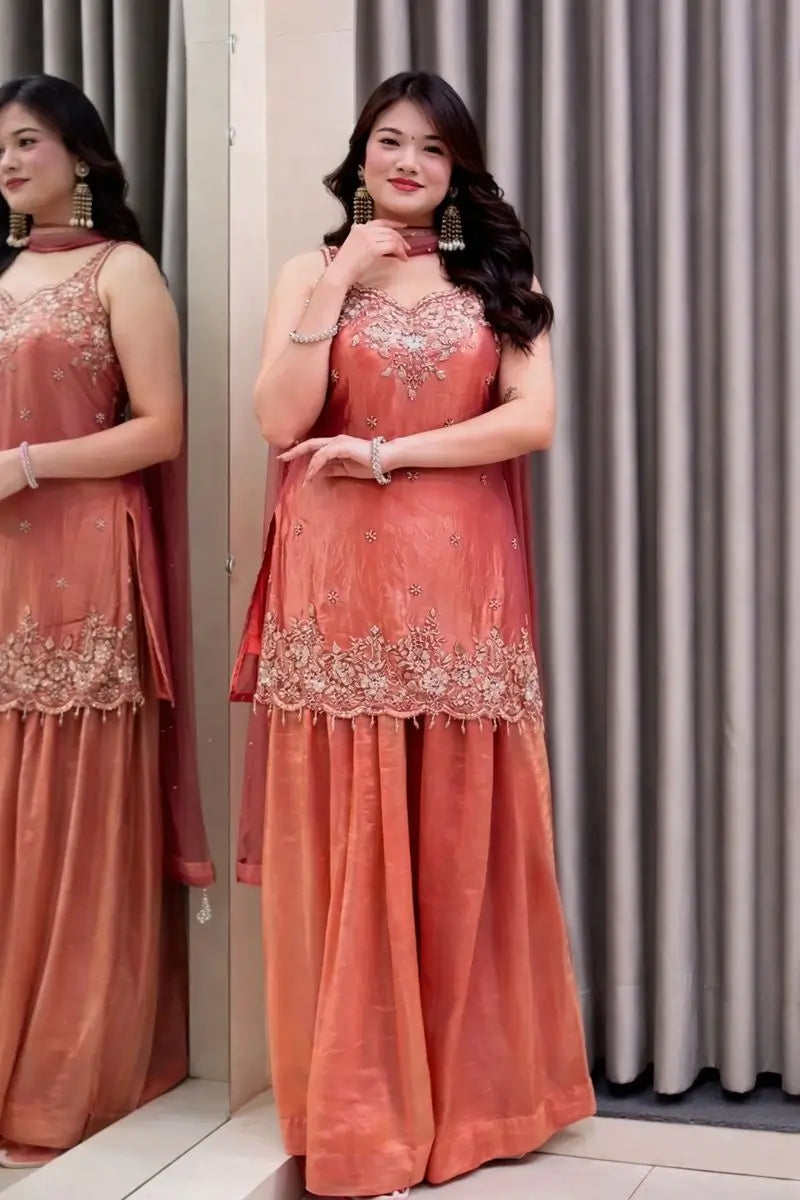 Embroidered Silk Kurti Palazzo Set with Lace Dupatta