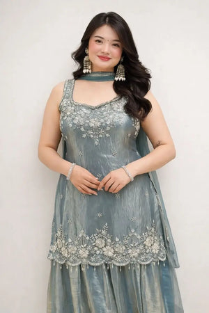 Embroidered Silk Kurti Palazzo Set with Lace Dupatta