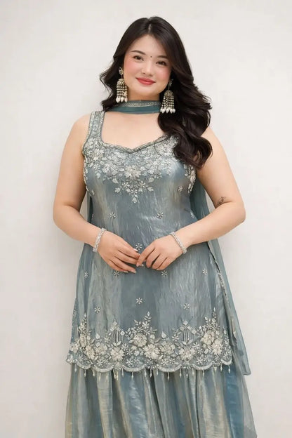 Embroidered Silk Kurti Palazzo Set with Lace Dupatta