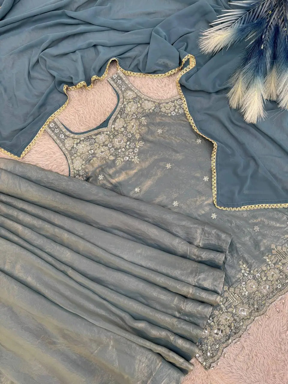 Embroidered Silk Kurti Palazzo Set with Lace Dupatta