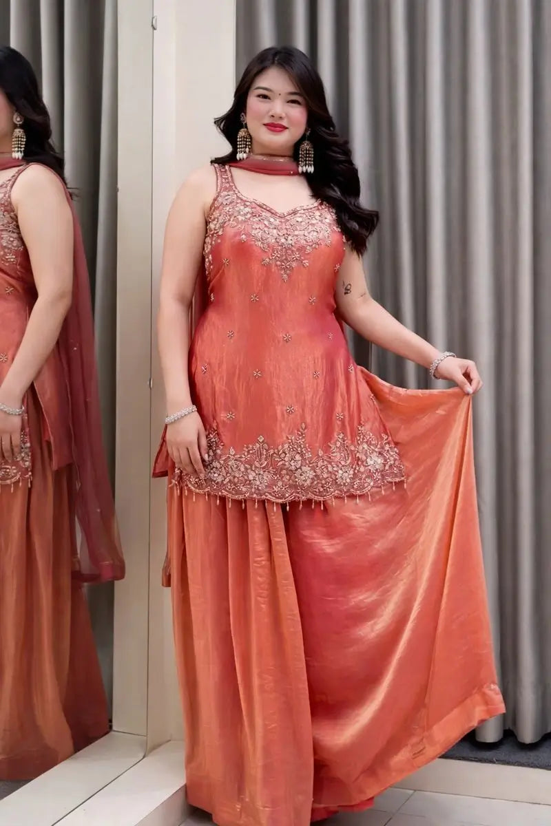 Embroidered Silk Kurti Palazzo Set with Lace Dupatta