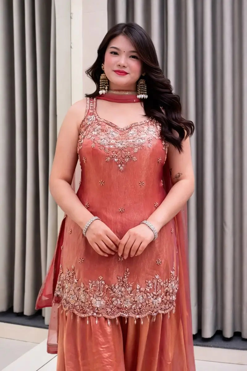 Embroidered Silk Kurti Palazzo Set with Lace Dupatta
