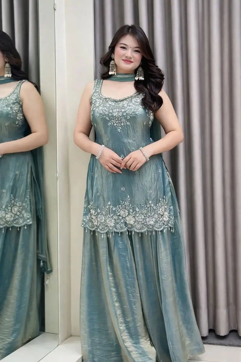 Embroidered Silk Kurti Palazzo Set with Lace Dupatta