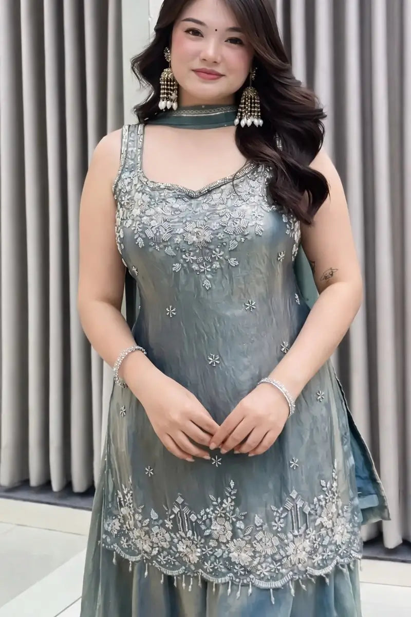 Embroidered Silk Kurti Palazzo Set with Lace Dupatta