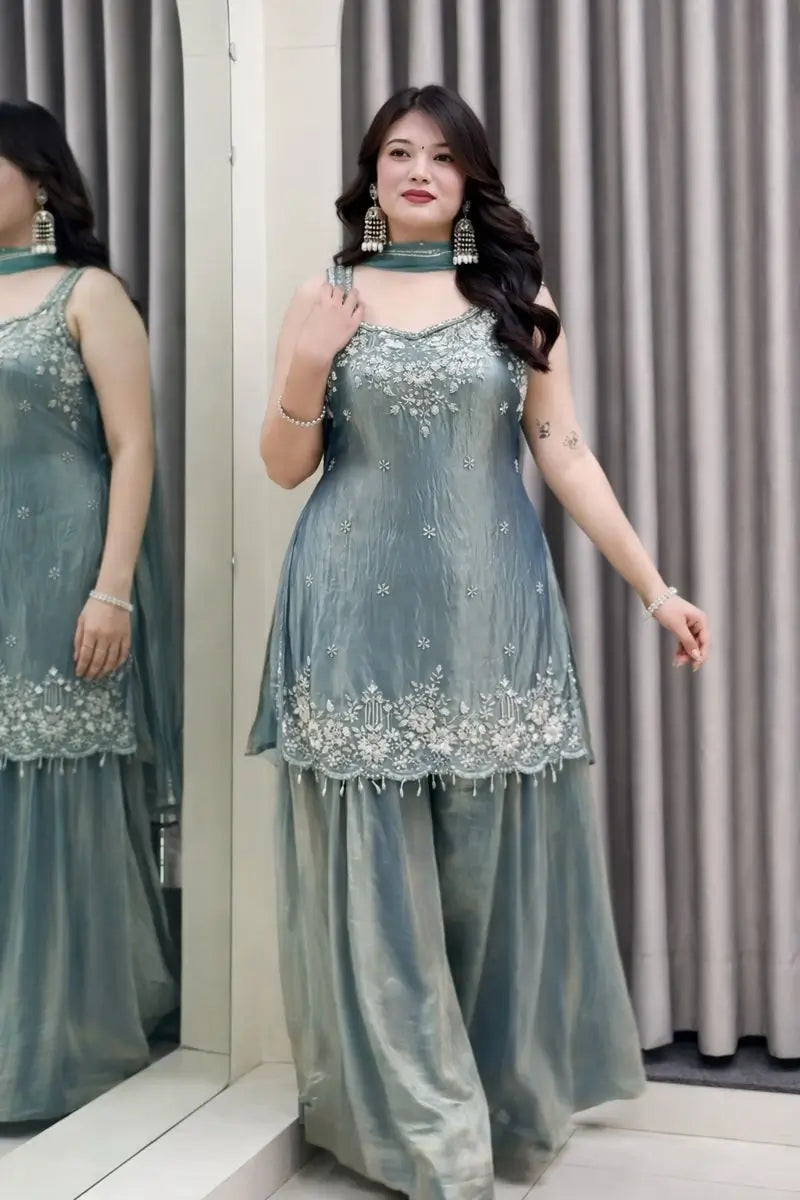 Embroidered Silk Kurti Palazzo Set with Lace Dupatta